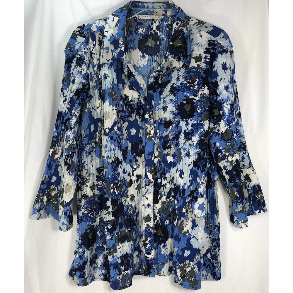 Fred David Plus Size 1X Colorful Pleated Womens 3/4 Sleeve Button Up Blouse-243